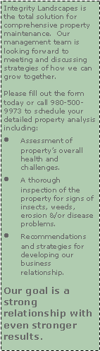 Text Box: Integrity Landscapes is the total solution for comprehensive property maintenance.  Our management team is looking forward to meeting and discussing strategies of how we can grow together.Please fill out the form today or call 980-500-9973 to schedule your detailed property analysis including:Assessment of propertys overall health and challenges.A thorough inspection of the property for signs of insects, weeds, erosion &/or disease problems. Recommendations and strategies for developing our business relationship. Our goal is a strong relationship with even stronger results.
